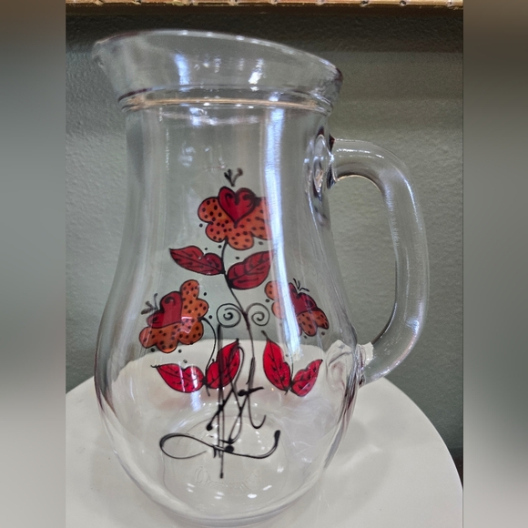 Italian Floral Glass Pitcher with Red and Orange Design - Picture 2 of 4